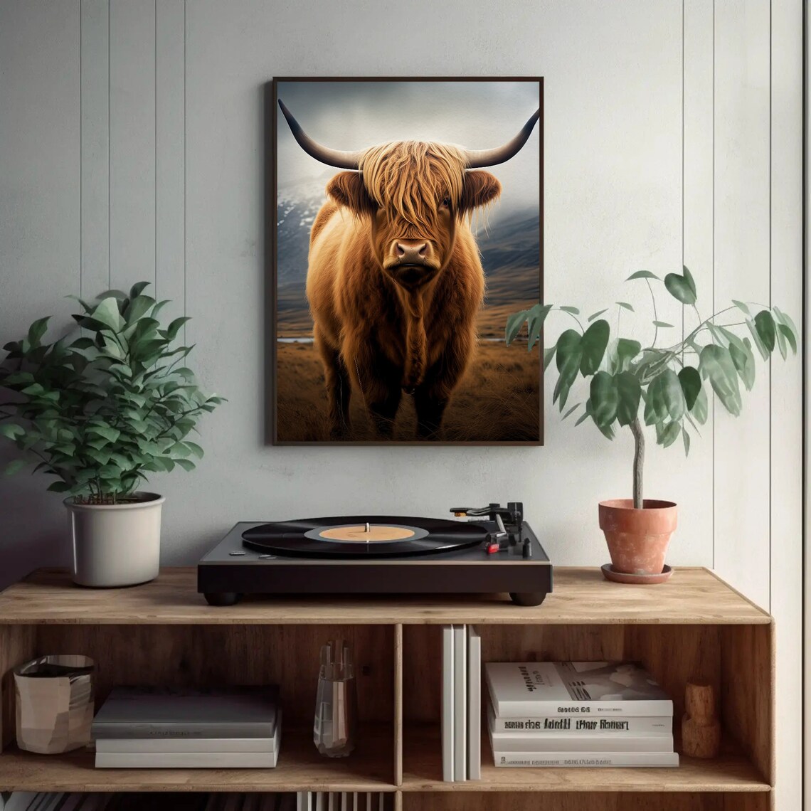 Highland Cow Vertical Art Print, Rustic Field Scene - Image 2