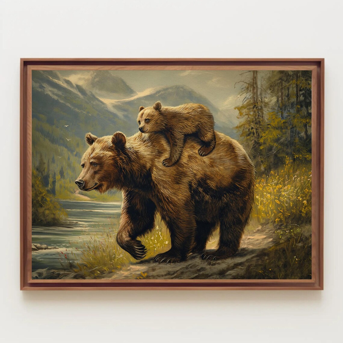 Mama Bear Cub Riding Piggyback River Wildlife Painting Poster - Image 5