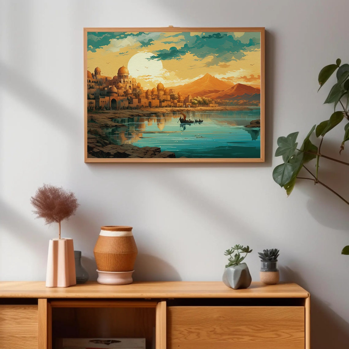 Ancient Domed Indian Riverside City at Sunset Watercolor Poster - Image 3