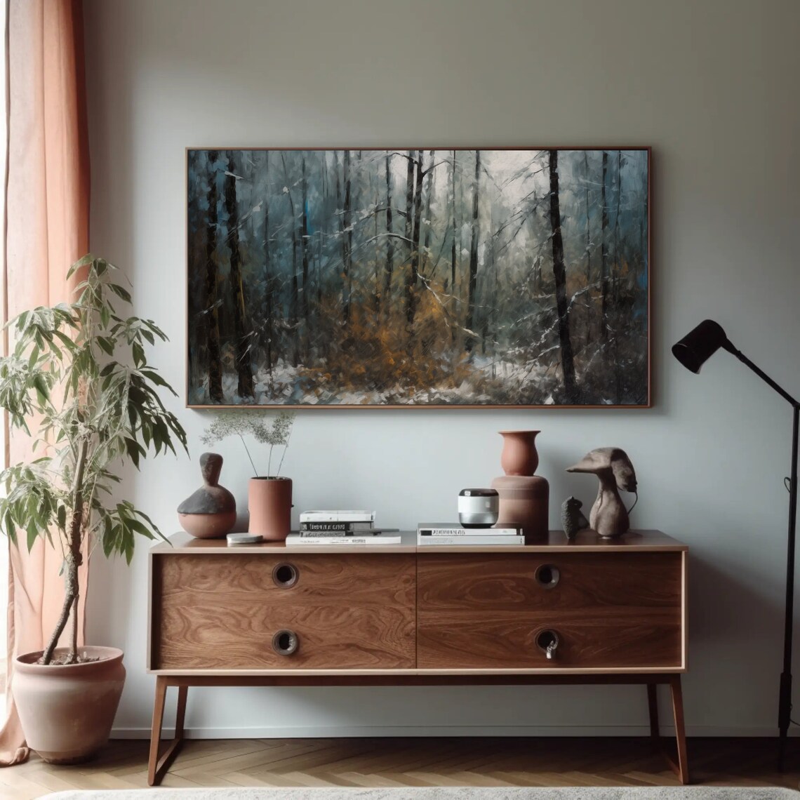 Snowy Winter Forest Oil Painting with Tall Bare Trees Poster - Image 5