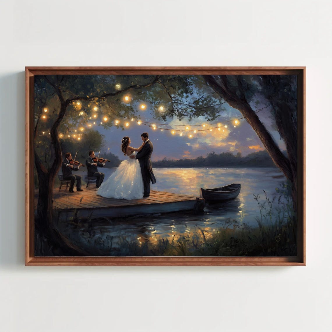 Couple Dancing Under String Lights on a Dock at Twilight Poster