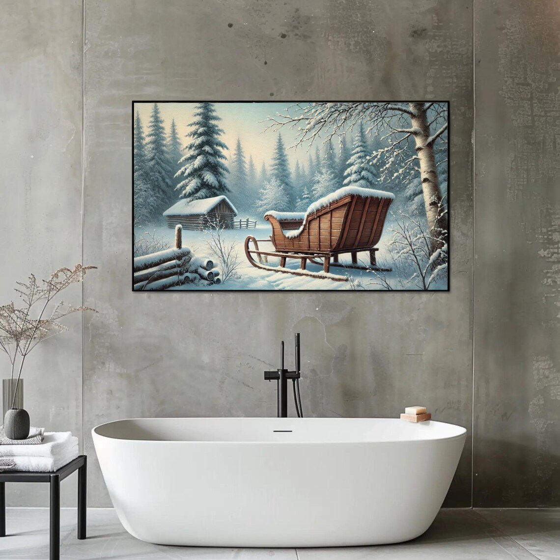 Vintage Wooden Sleigh In A Snowy Forest Cabin Winter Scene Poster - Image 3