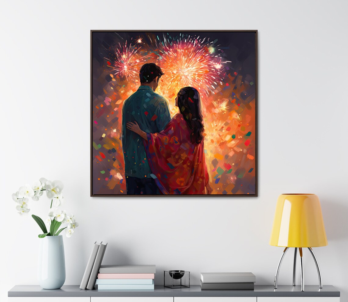 Indian Couple Watching Diwali Fireworks on a Night Sky Art Poster - Image 4