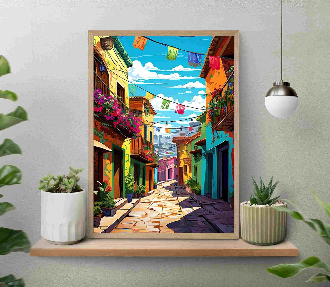 Colorful Mexican Street With Hanging Papel Picado Flags Art Poster - Image 4
