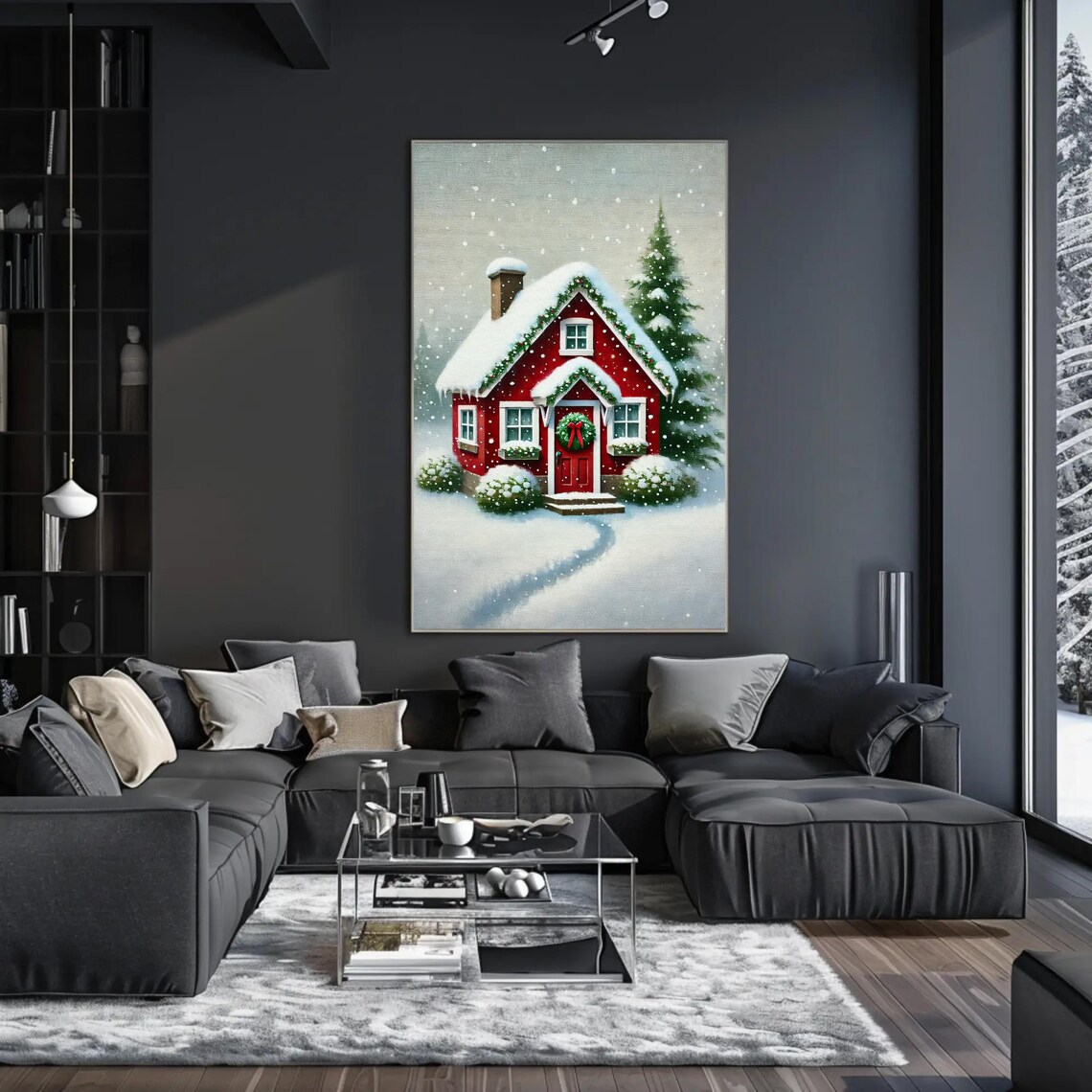 Red Snowy Cottage With Christmas Wreath In Winter Scene Poster - Image 3