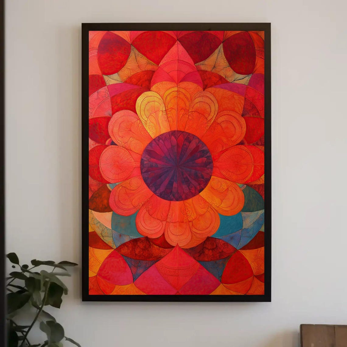 Radiant Red Mandala Flower with Geometric Abstract Petals Art Poster
