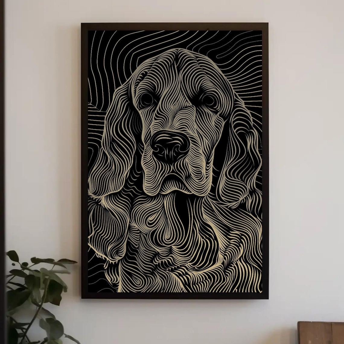 Gold Line Art Long Eared Dog Portrait Poster on Black Background