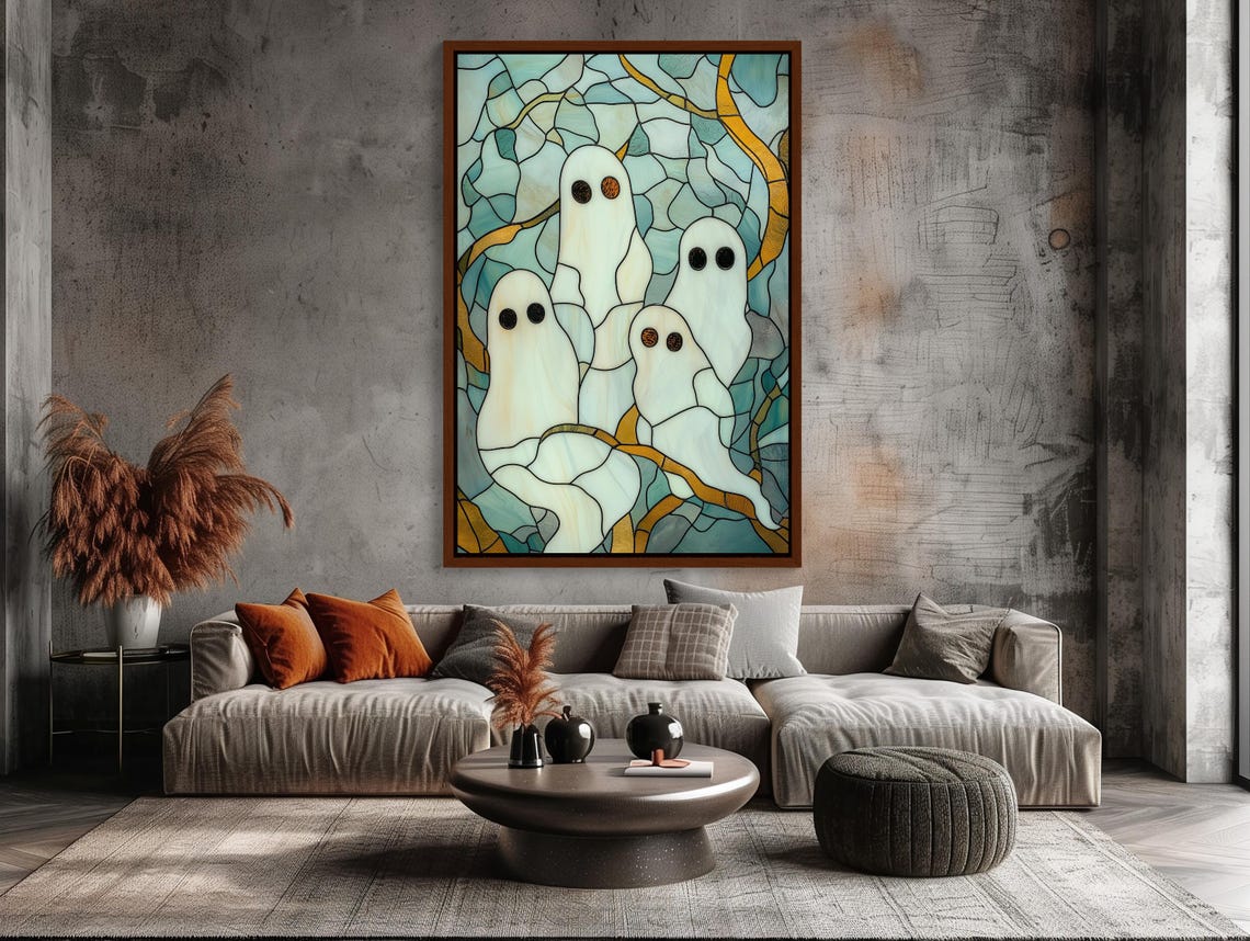Four Cute Ghosts Teal Stained Glass Whimsical Halloween Poster - Image 2