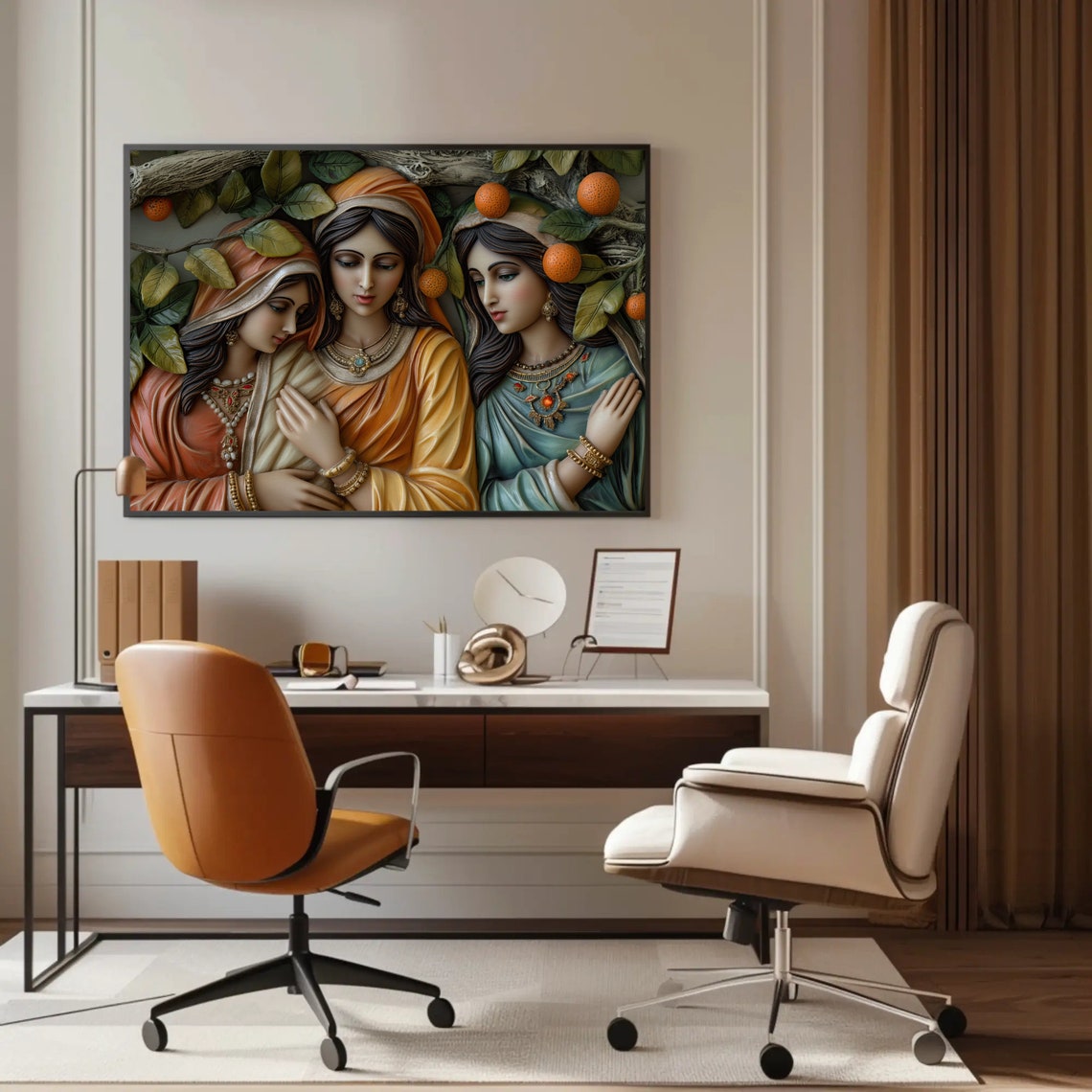 Three Indian Sisters Orange Tree Traditional Dress Relief Poster - Image 2