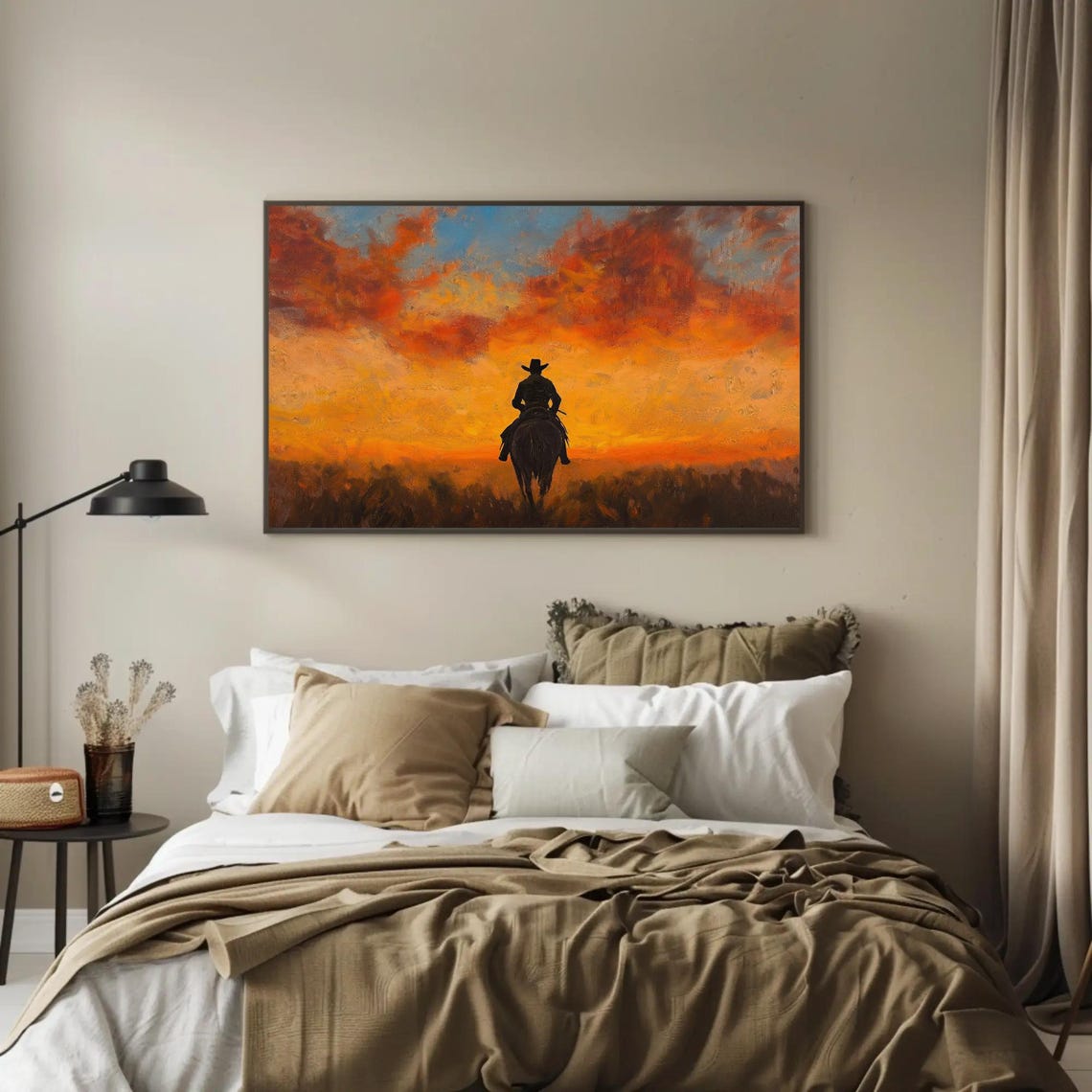 Lone Cowboy On Horseback Riding Into A Fiery Orange Sunset Poster - Image 2