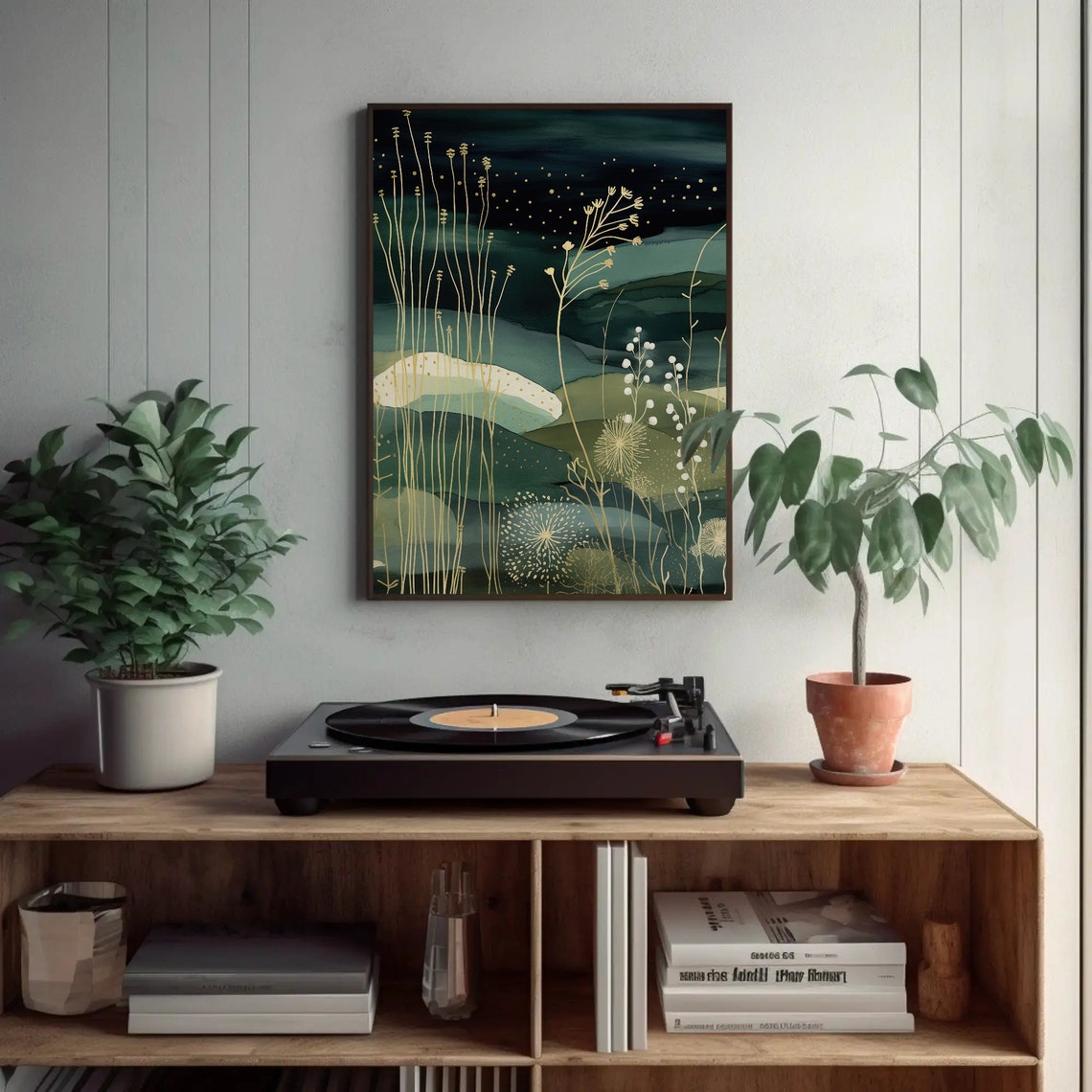 Golden Grasses Night Garden Dark Teal Botanical Artwork Poster - Image 2
