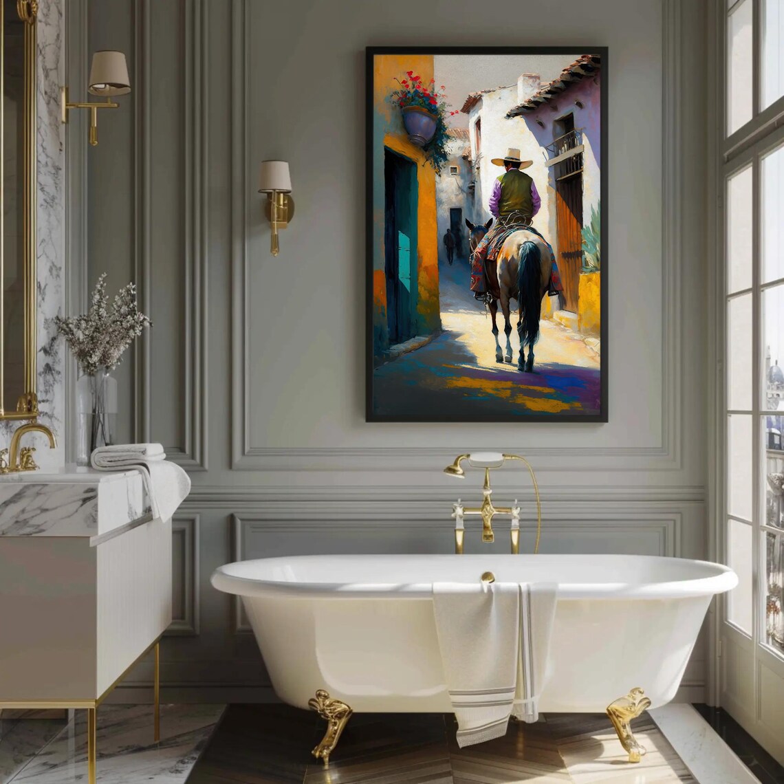 Mexican Charro Horse Rider Cobblestone Street Colonial Town Art Poster - Image 3