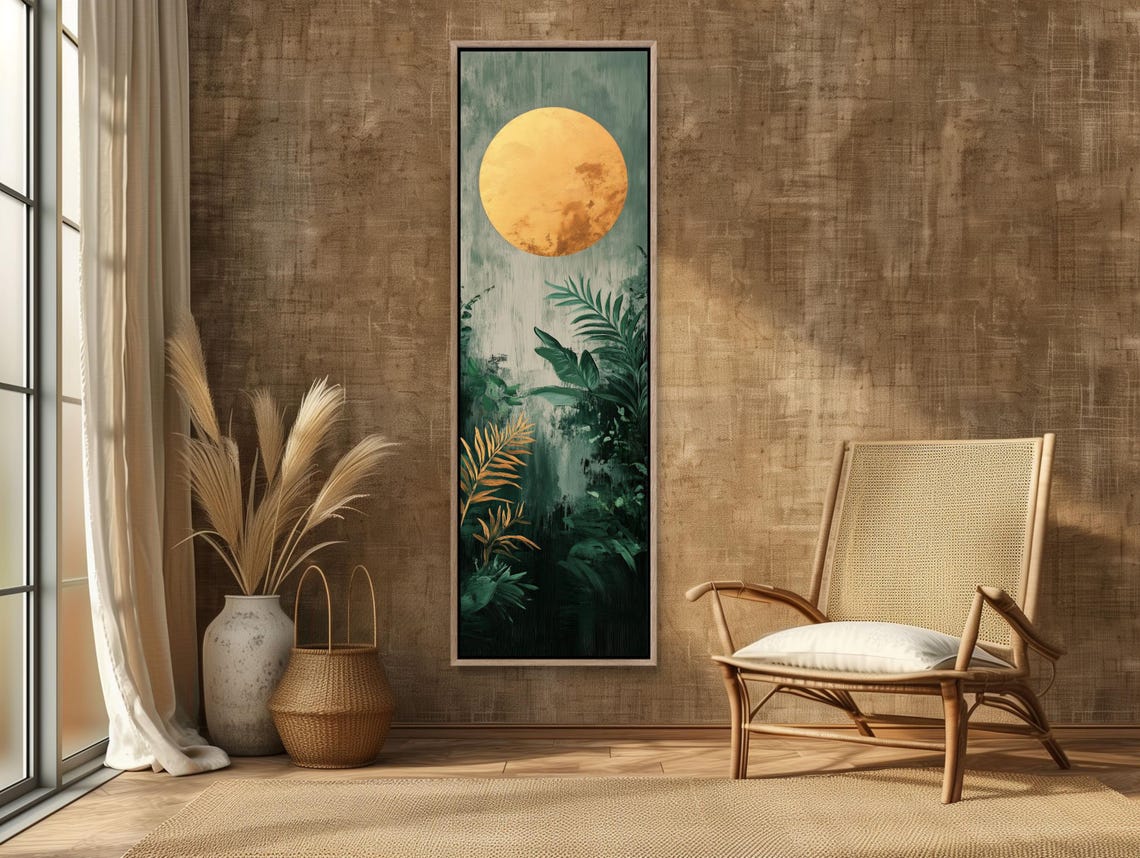 Large Golden Moon Over Dark Jungle Foliage Vertical Wall Art - Image 3