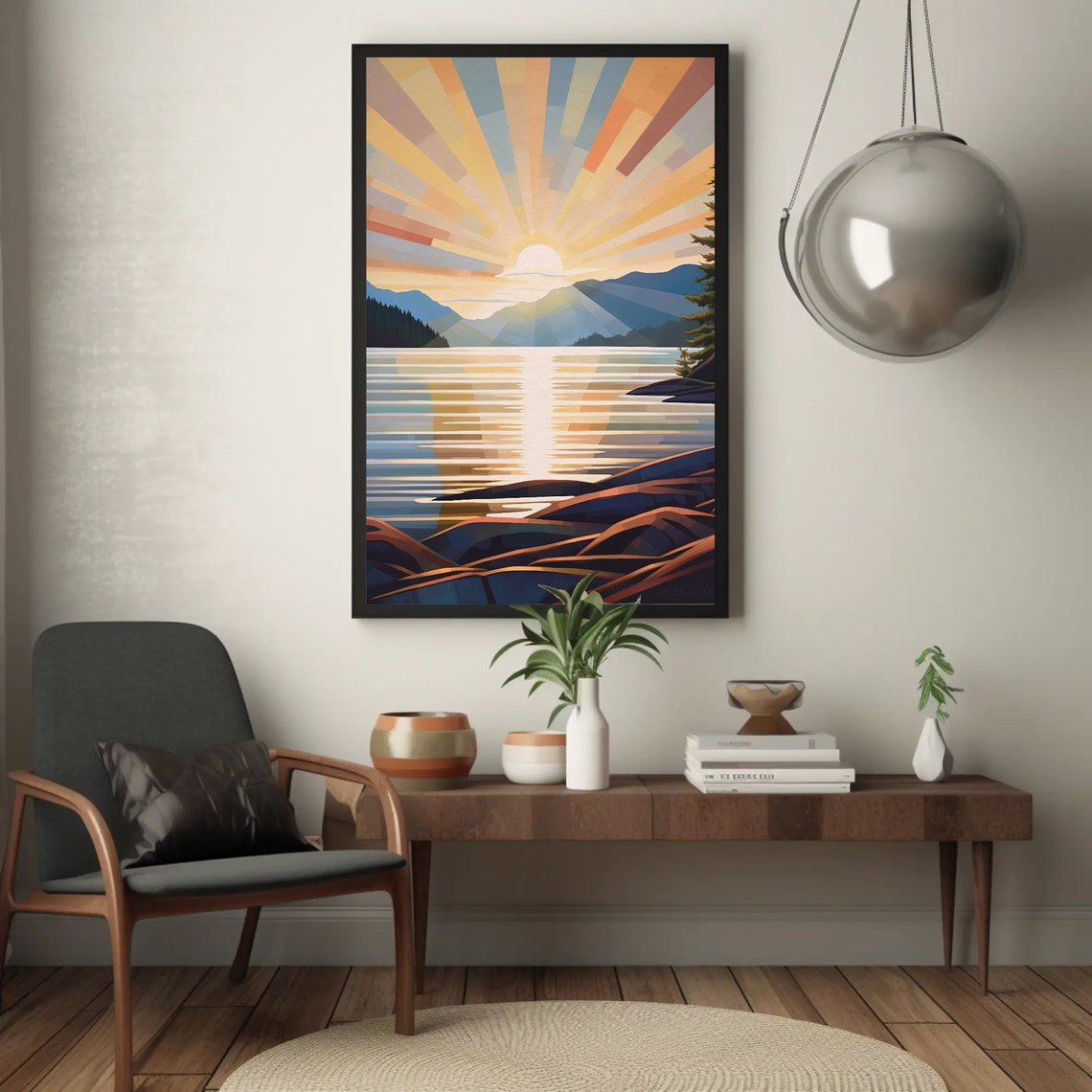Geometric Sunrise Over Lake Mountains Art Deco Rays Art Poster - Image 5