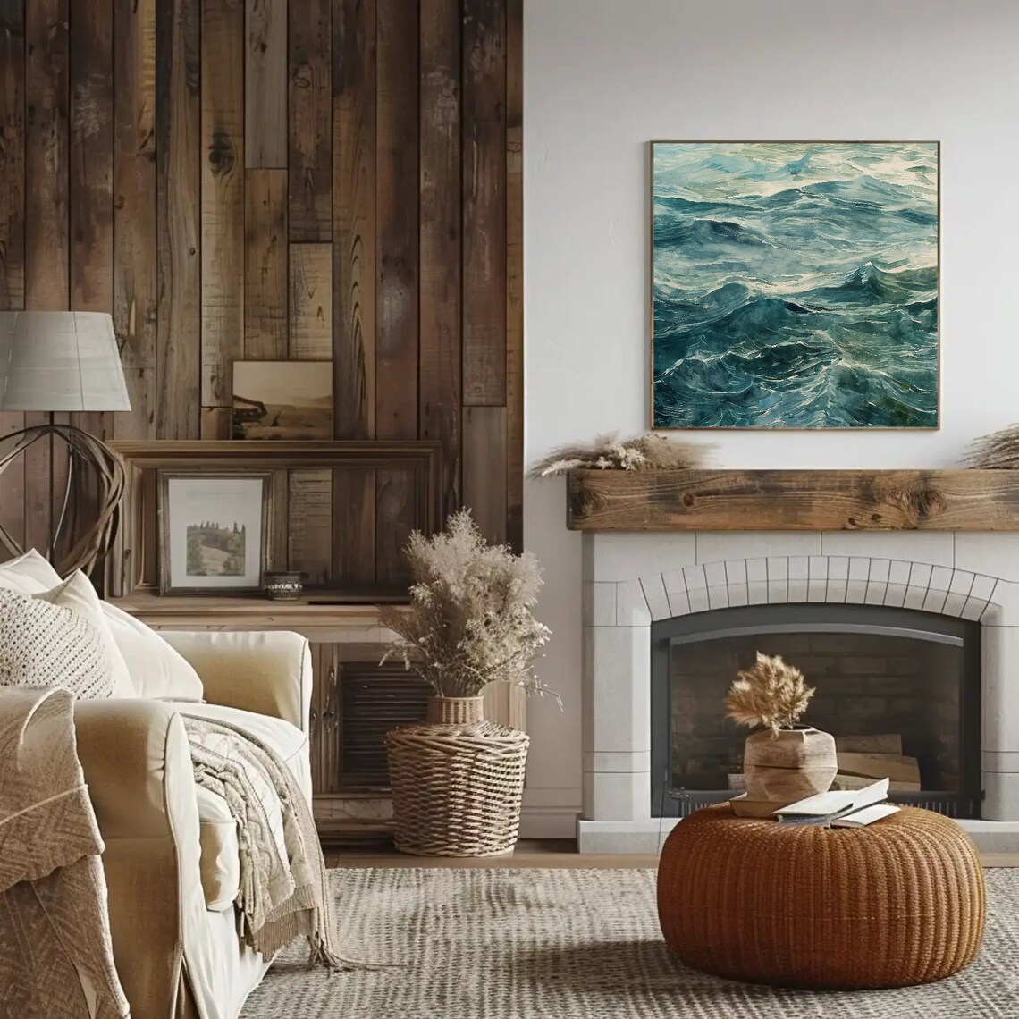 Teal Ocean Waves Watercolor Painting Coastal Grey Green Sea Poster - Image 3