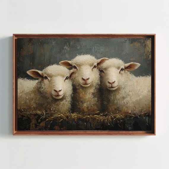 Rustic Moody Sheep Print Vintage Christmas Illustration Cozy Farmhouse Wall Art For Living Room Or Holiday Decor