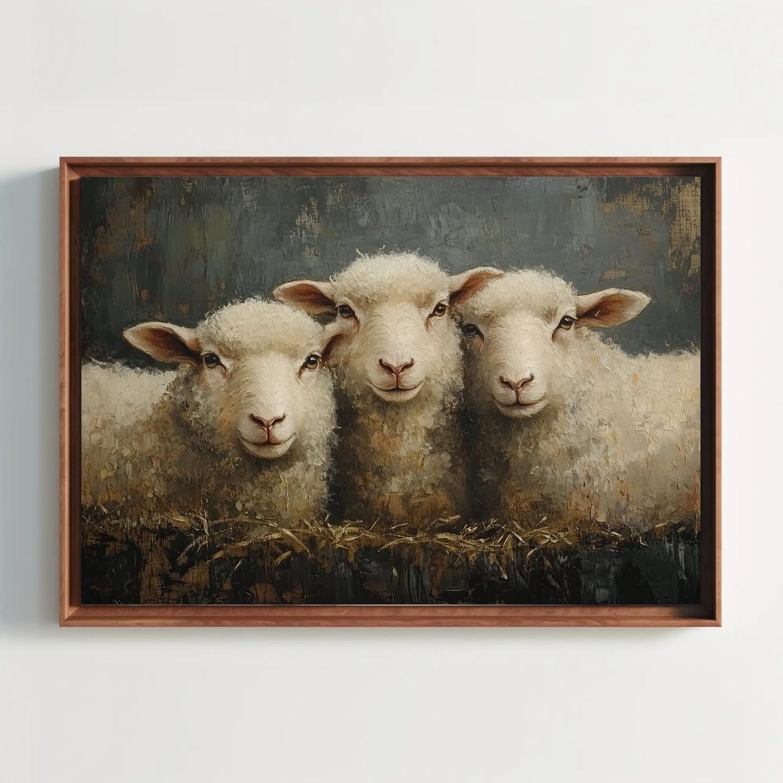 Three Smiling Sheep in Straw Against a Blue Gray Backdrop Poster