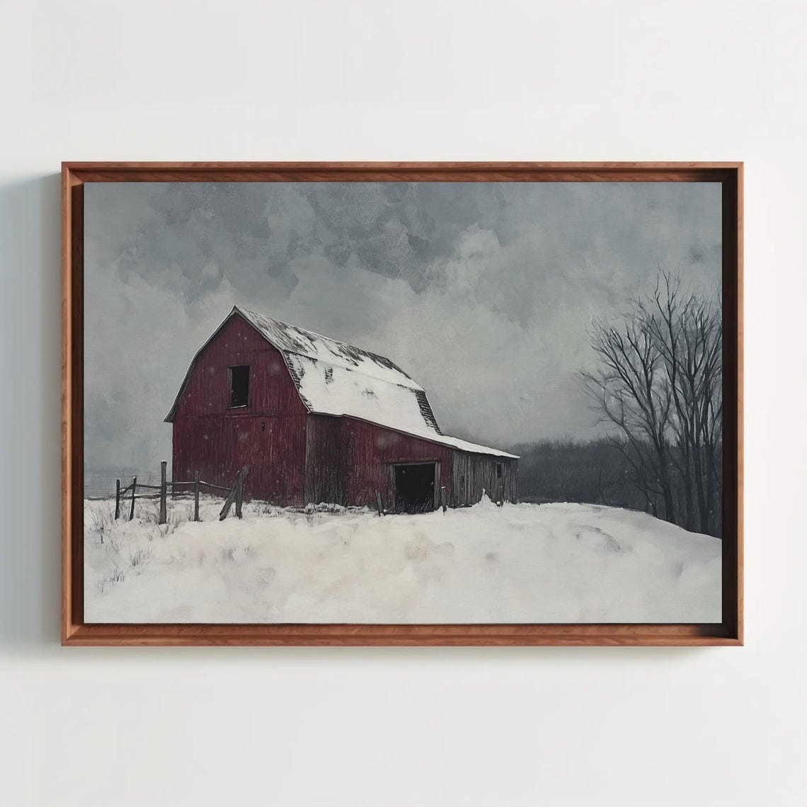 A Lonely Red Barn In Deep Winter Snow Under Gray Skies Poster