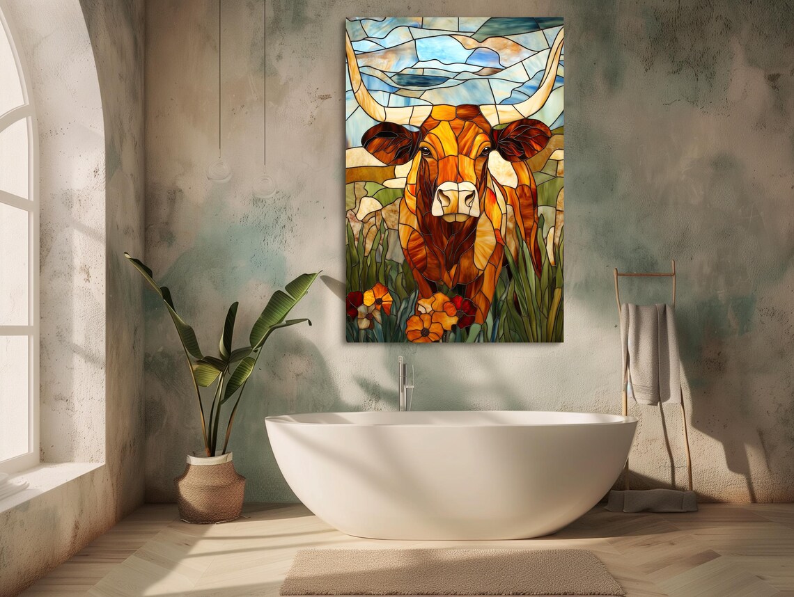 Texas Longhorn In Glowing Stained Glass Western Cattle Poster - Image 5