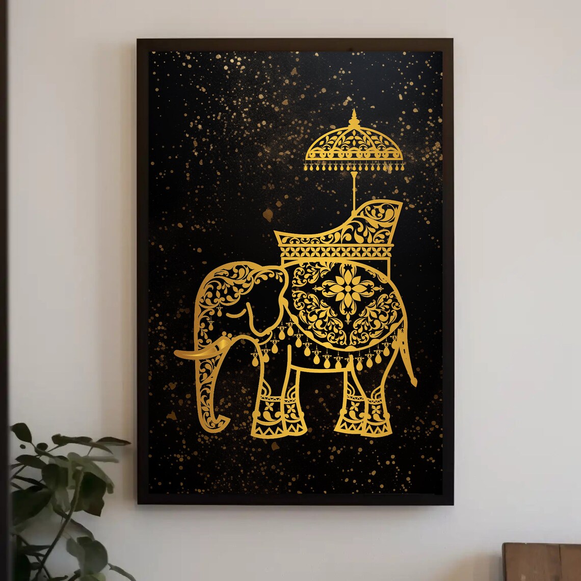 Golden Royal Indian Elephant With Parasol Luxury Decor Art Poster