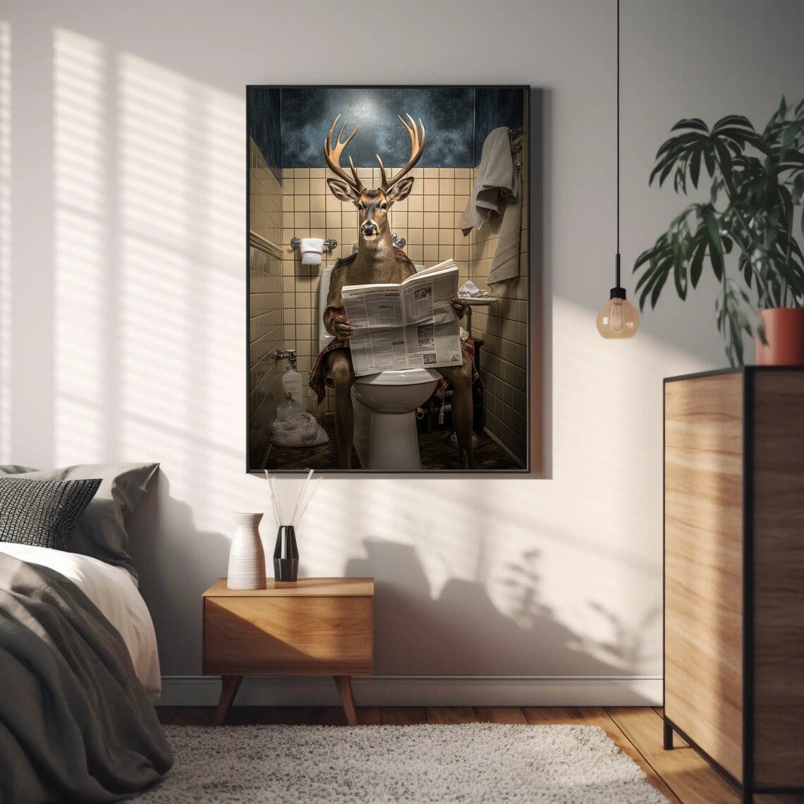 Deer With Antlers Reading Newspaper on Toilet Bathroom Humor Poster - Image 4