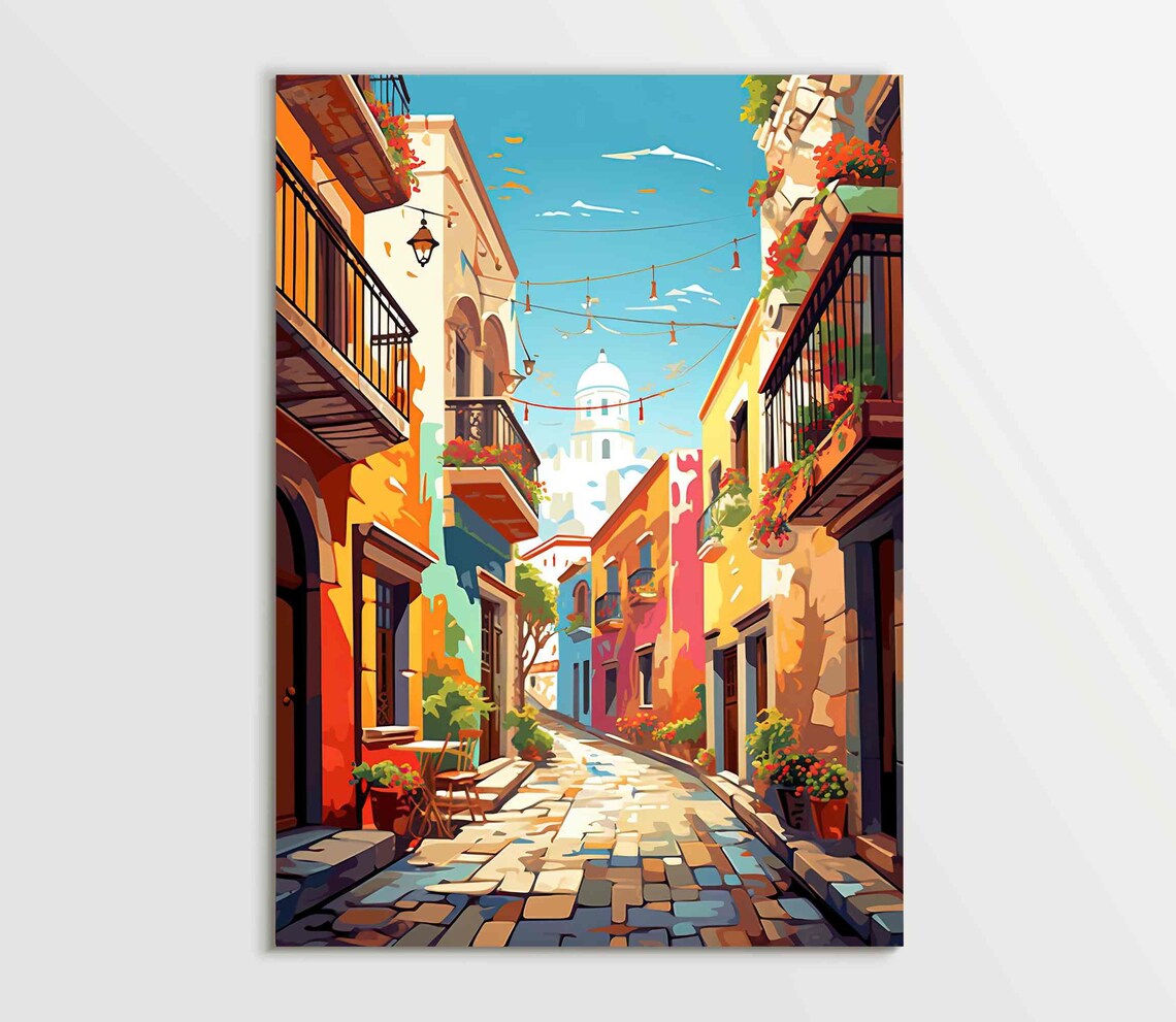 Streets Of Mexico Painting, Mexican Town Art Print - Image 5