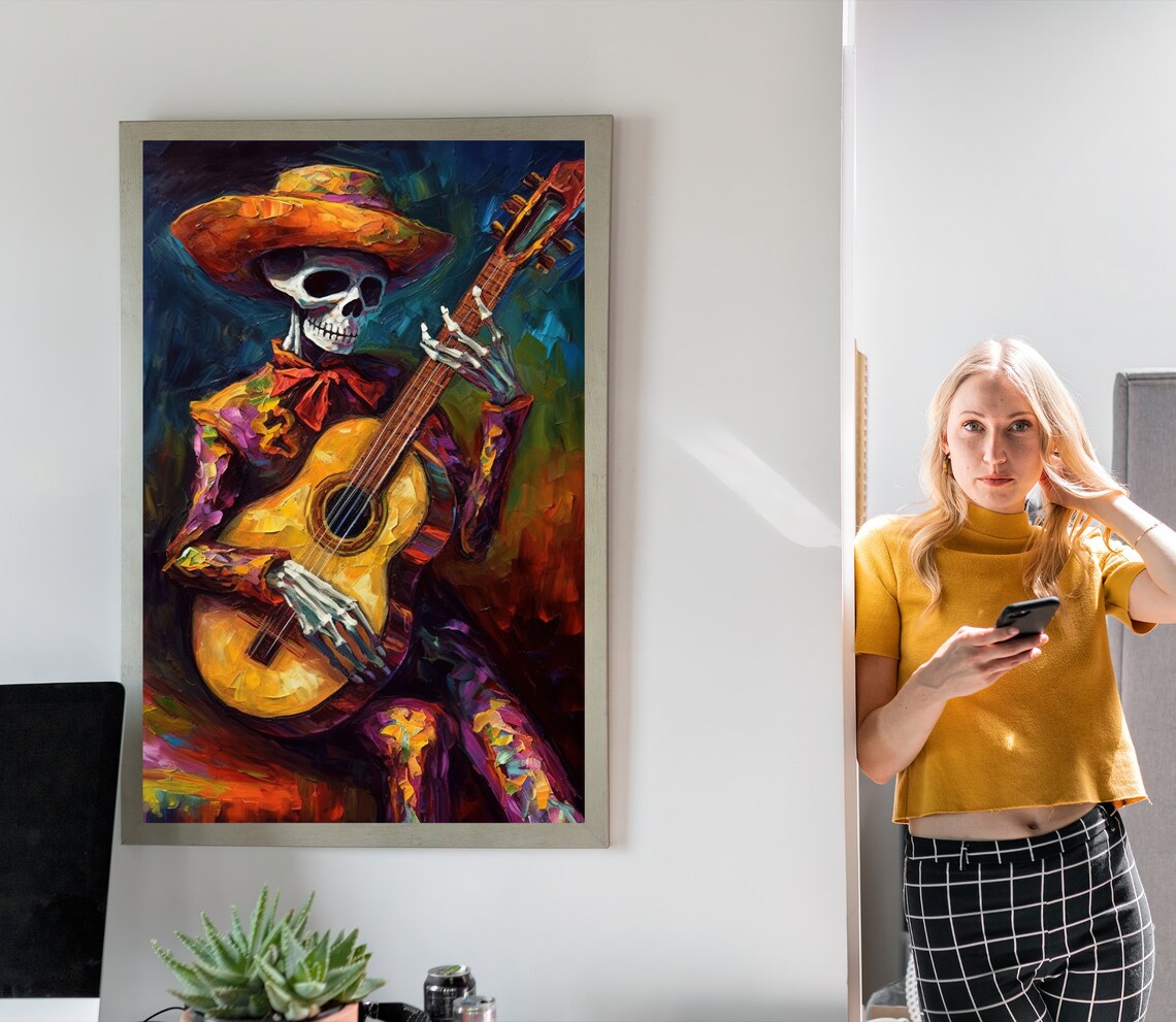 Mexican Cowboy Skeleton Guitarist Mariachi Art Print - Image 3