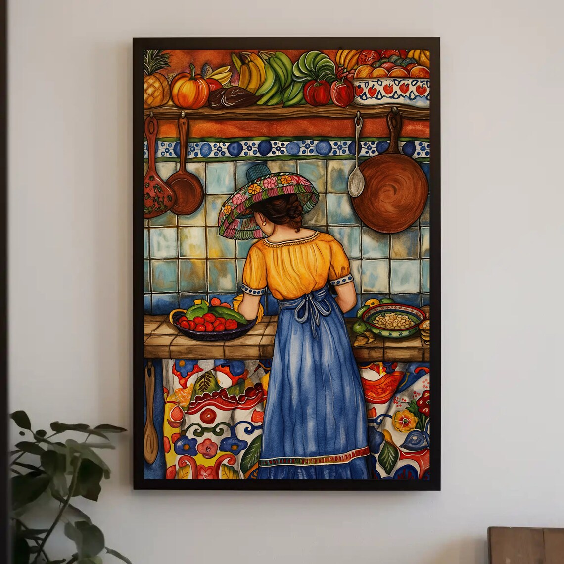 Mexican Woman Cooking in a Colorful Traditional Folk Art Kitchen Poster - Image 4