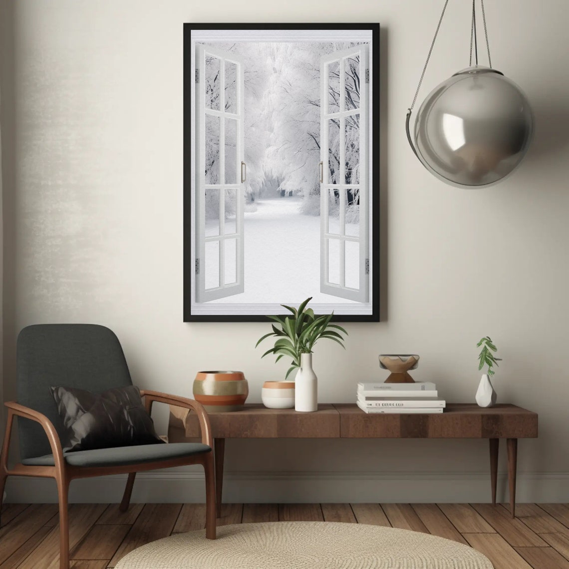 Snowy Forest Faux Window Open Window White Winter Scene Poster - Image 2