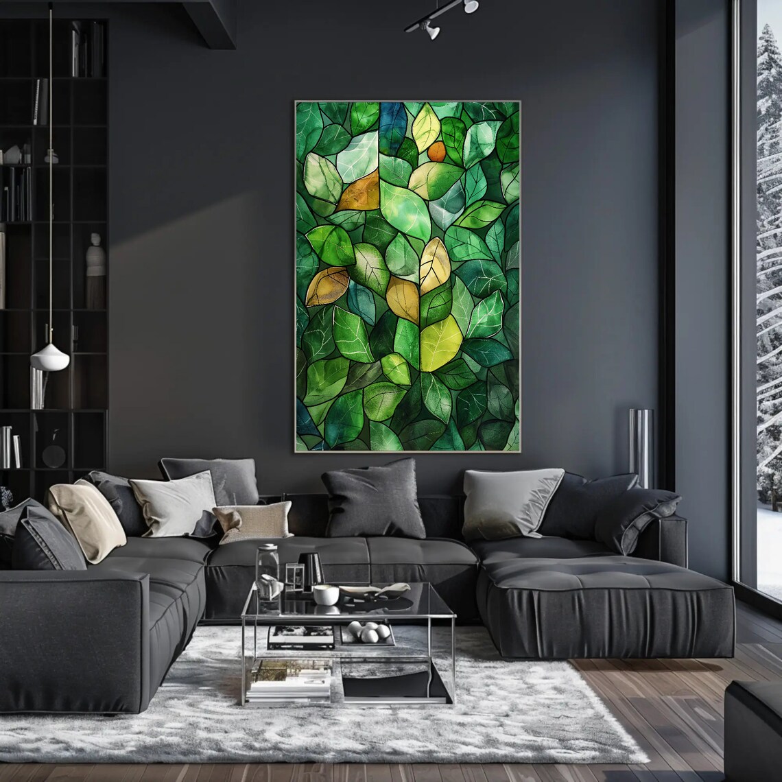 Green Stained Glass Leaves Botanical Watercolor Decor Poster - Image 5