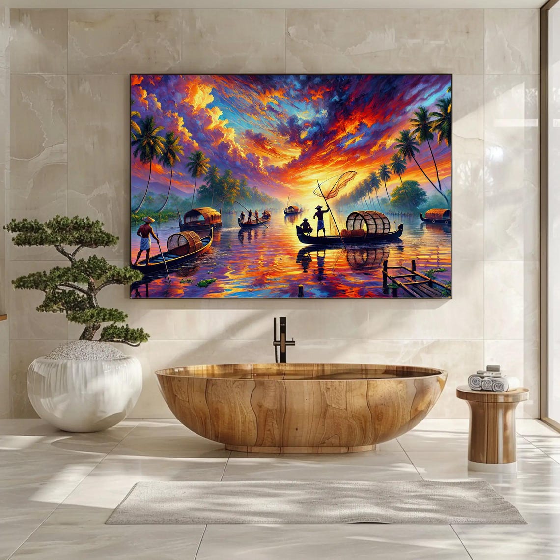 The Fishermen Of Kerala Print Traditional Indian Oil Painting South Indian Wall Art For Living Room Or Bedroom Ready To Hang - Image 3