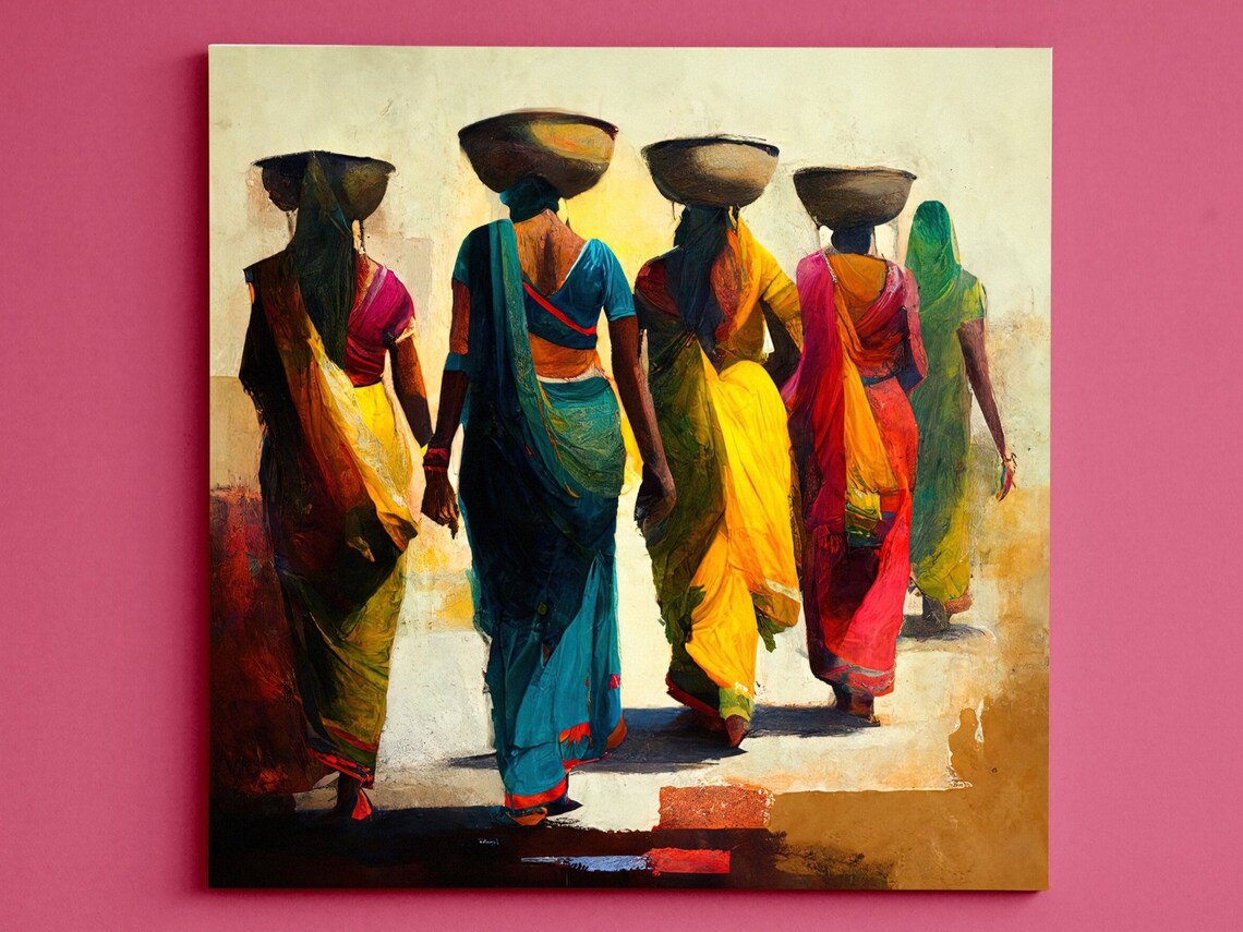 Indian Women In Colorful Saris Carrying Pots Traditional Art Poster