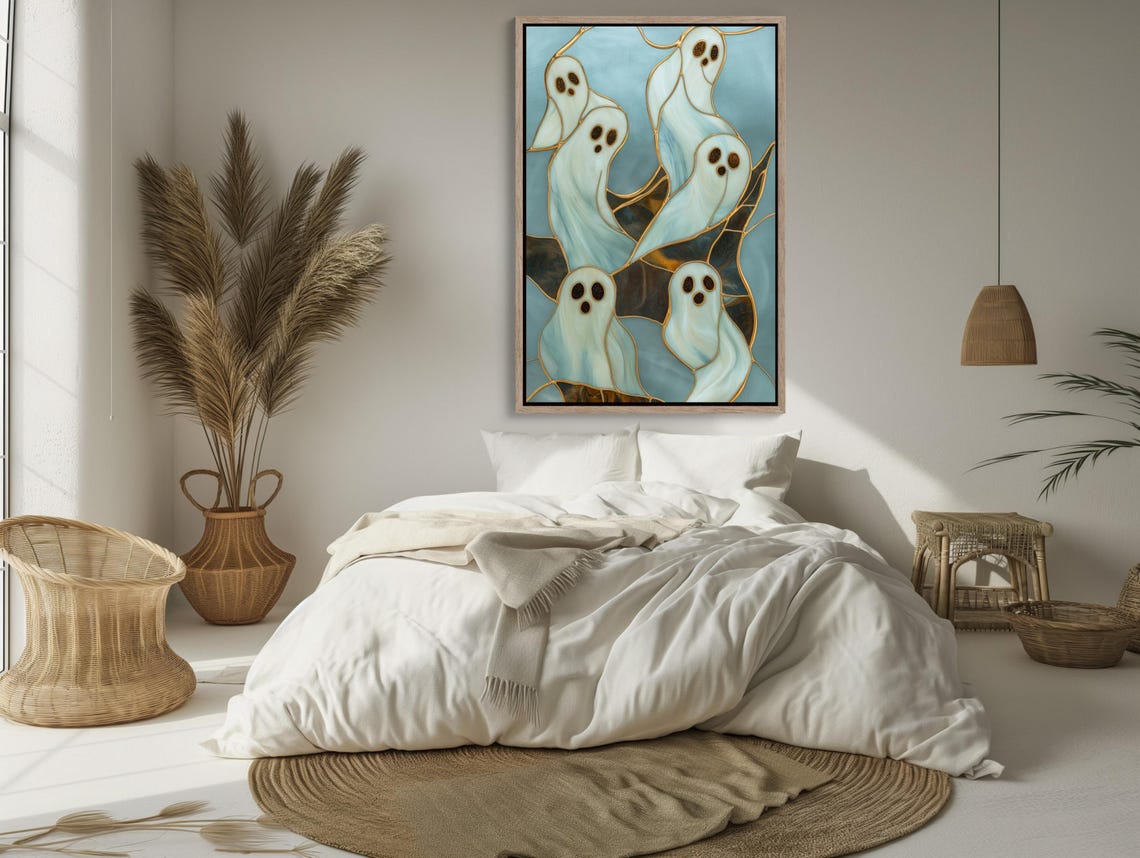 Cute Stained Glass Ghosts With Gold Halloween Spooky Art Poster - Image 4
