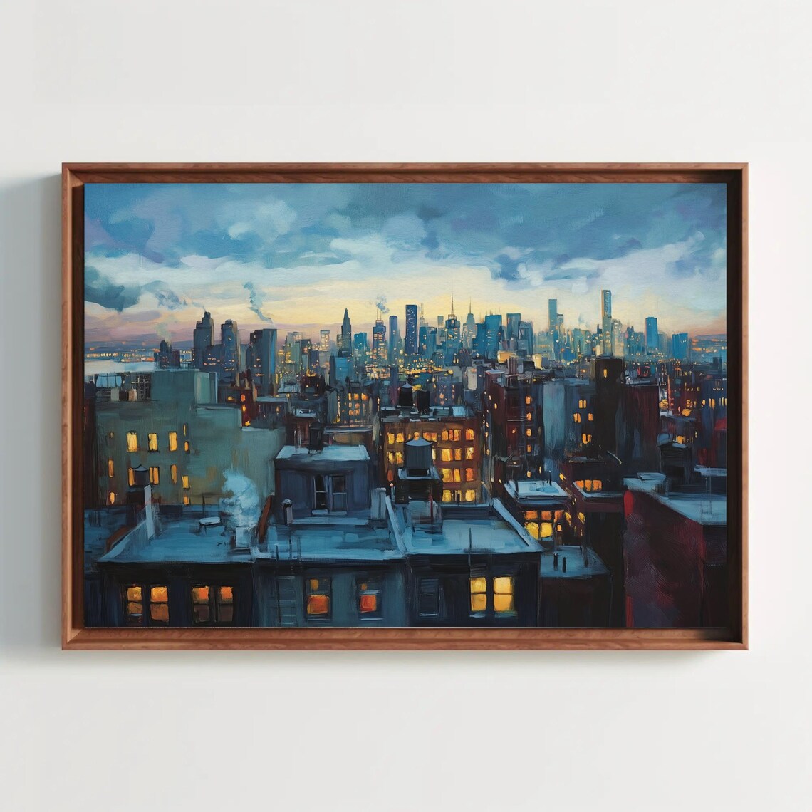 New York City Rooftop Skyline At Blue Hour Dusk Painting Poster