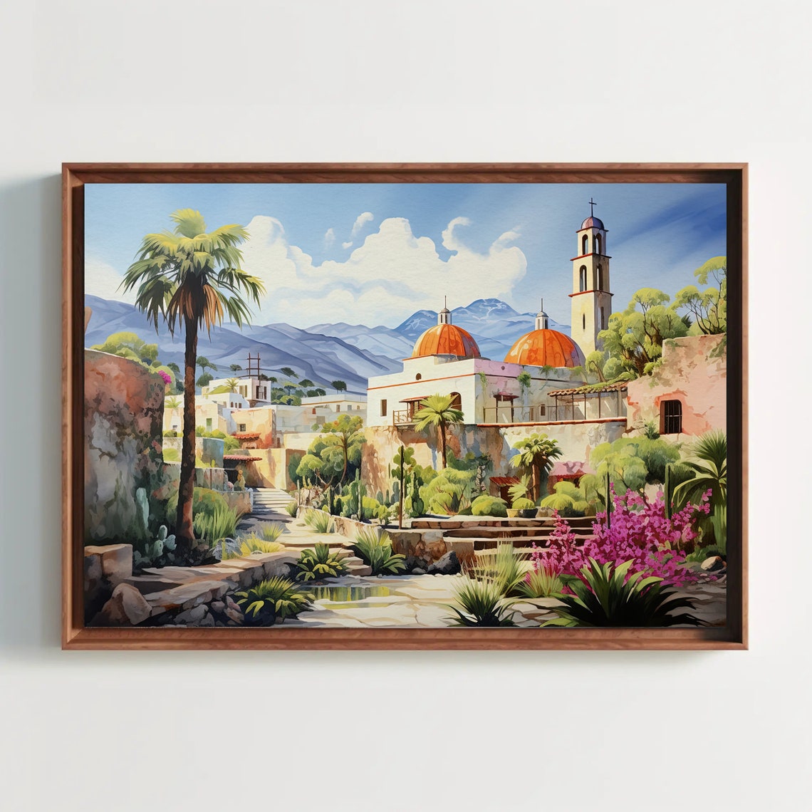 Mexican Colonial Town Orange Domes Bell Tower Garden Scene Poster