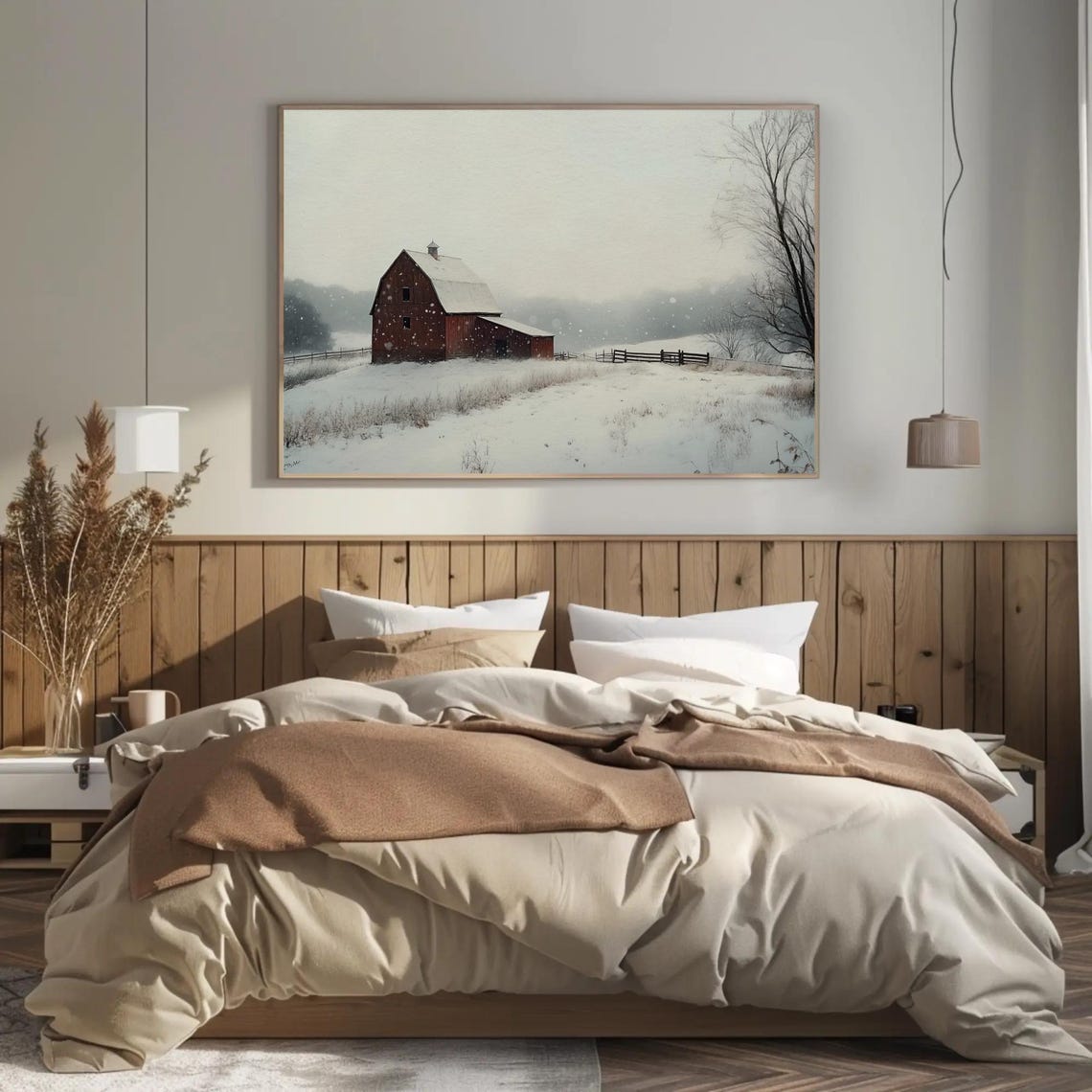 Rustic Red Barn In Softly Falling Snow By A Wooden Fence Poster - Image 3