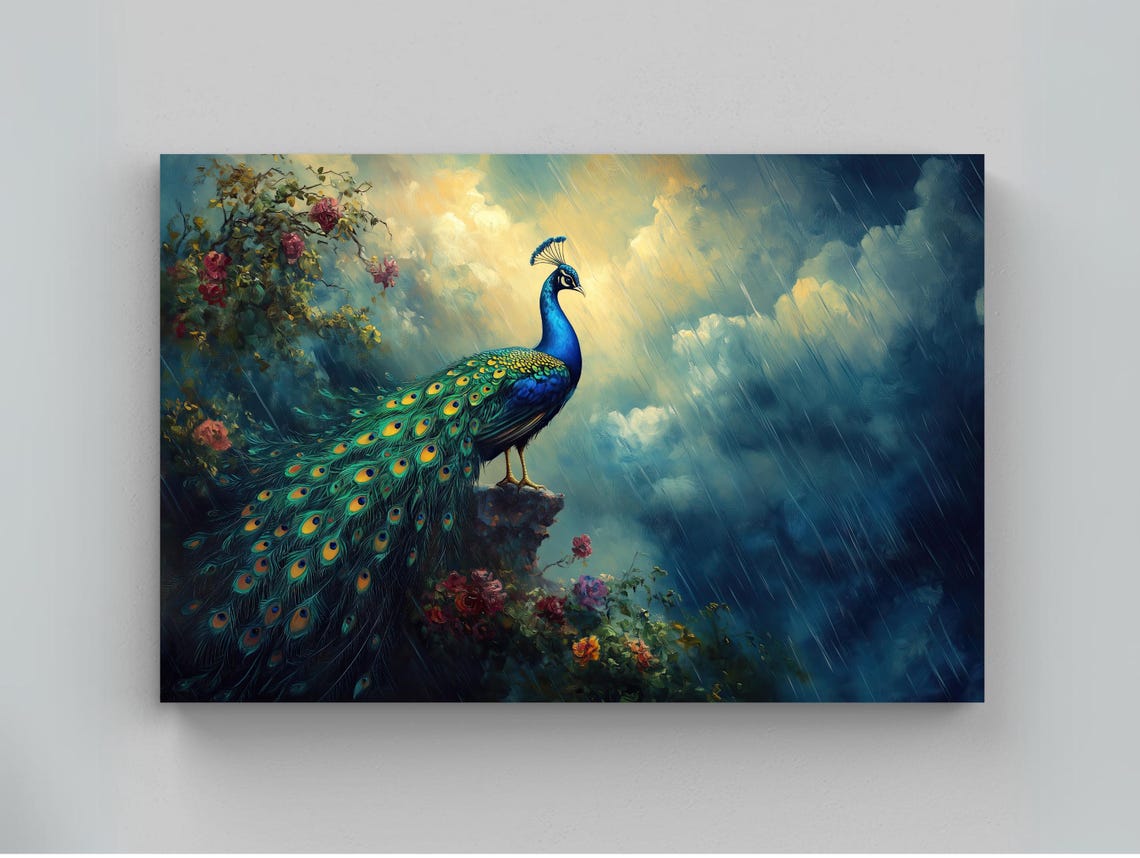 Stunning Peacock In Dramatic Monsoon Rain On A Rocky Perch Poster