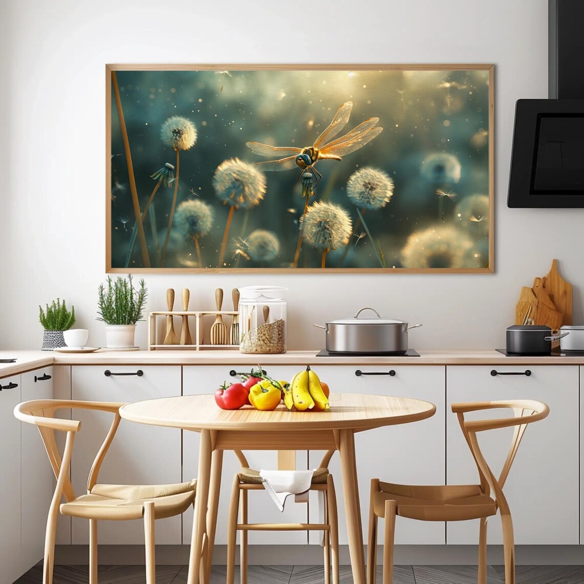 Golden Dragonfly Perched Among Glowing Dandelion Blooms Poster - Image 5