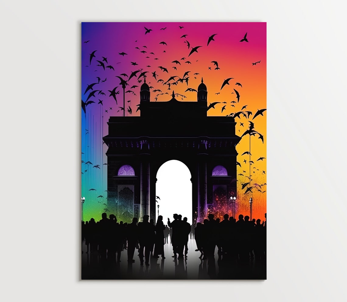 Gateway of India Silhouette Under a Rainbow Sunset Sky Poster - Image 5