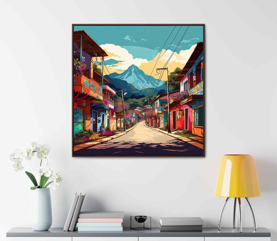 Colombia Colorful Street Shops Andes Mountain Backdrop Travel Poster - Image 3