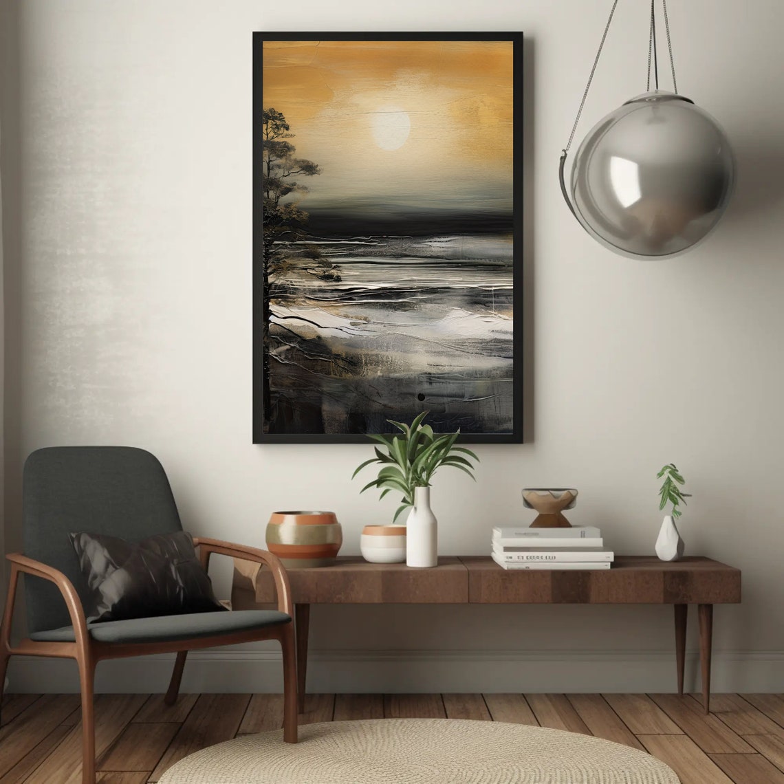 Golden Sunset Over Abstract Ocean With Lone Tree Scene Art Poster - Image 5