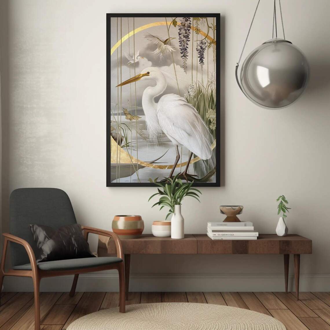 White Egret Watercolor Poster With Gold Accents and Wisteria Flowers - Image 5
