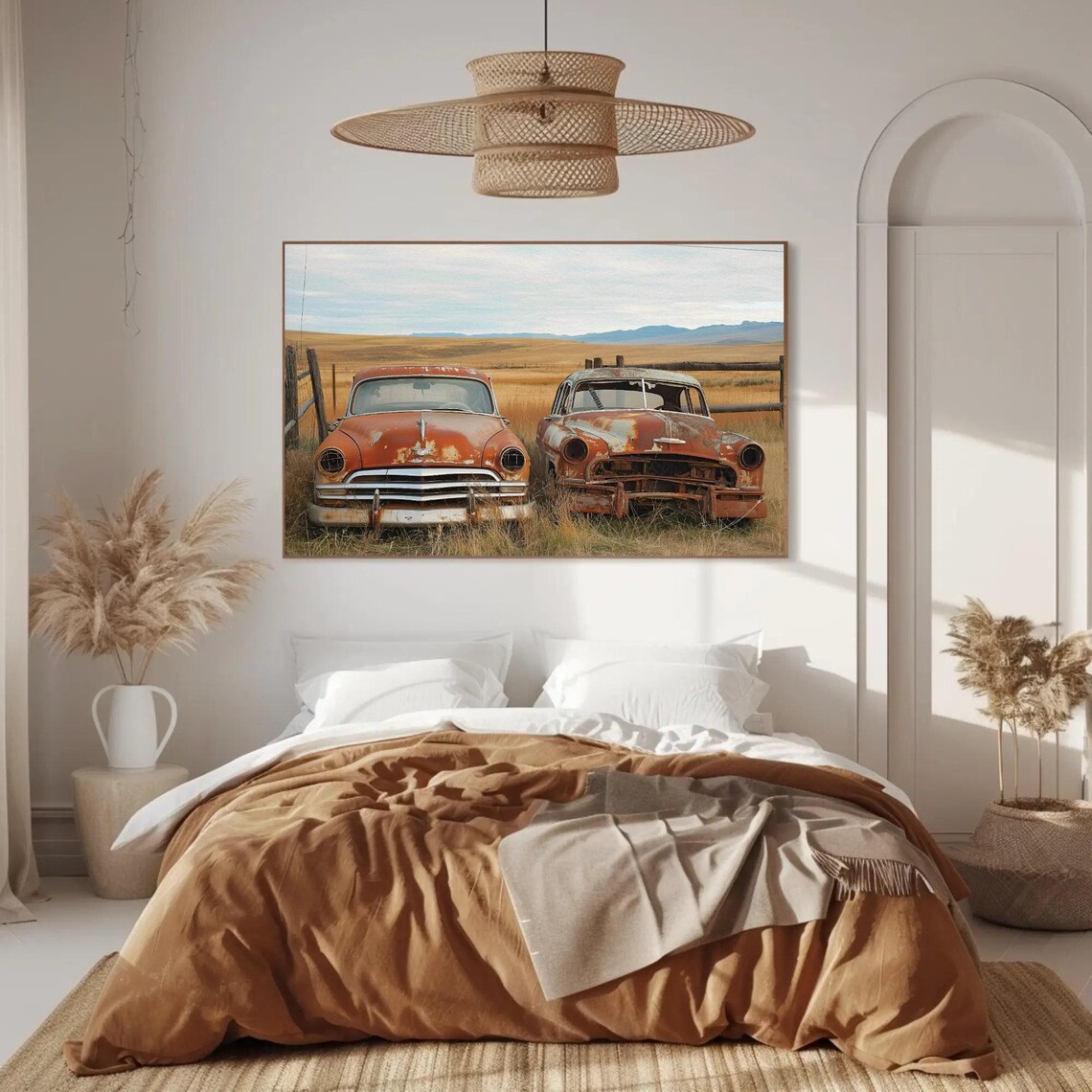 Two Rusty Vintage Sedans In Golden Field Classic Automotive Poster - Image 5
