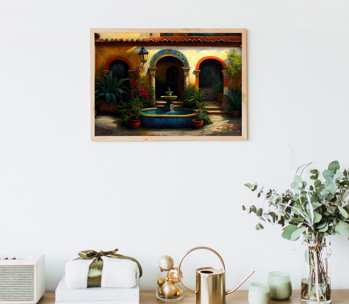 Mexican Courtyard Garden Oil Painting Art Print - Image 4