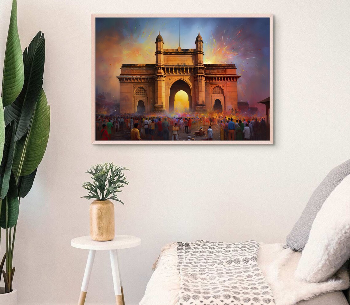 Gateway of India Holi Festival Crowd Celebration Painting Poster - Image 3