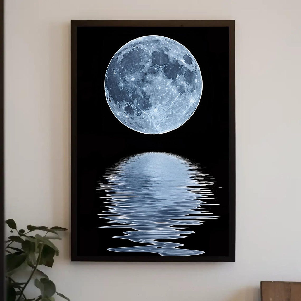 Full Moon Over Black Ocean Water Reflection Minimalist Night Poster
