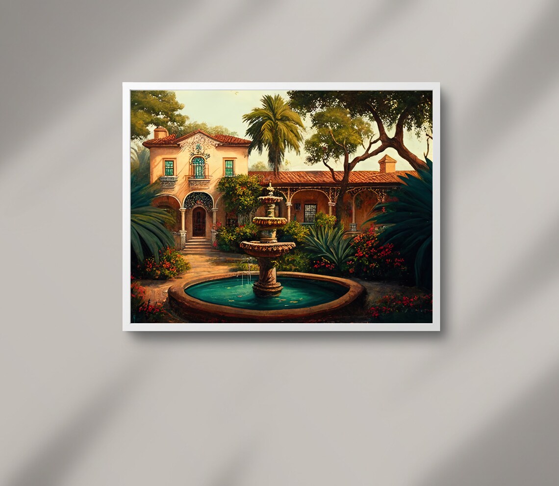 Elegant Mexican Hacienda Courtyard With Fountain And Palm Trees Poster - Image 3
