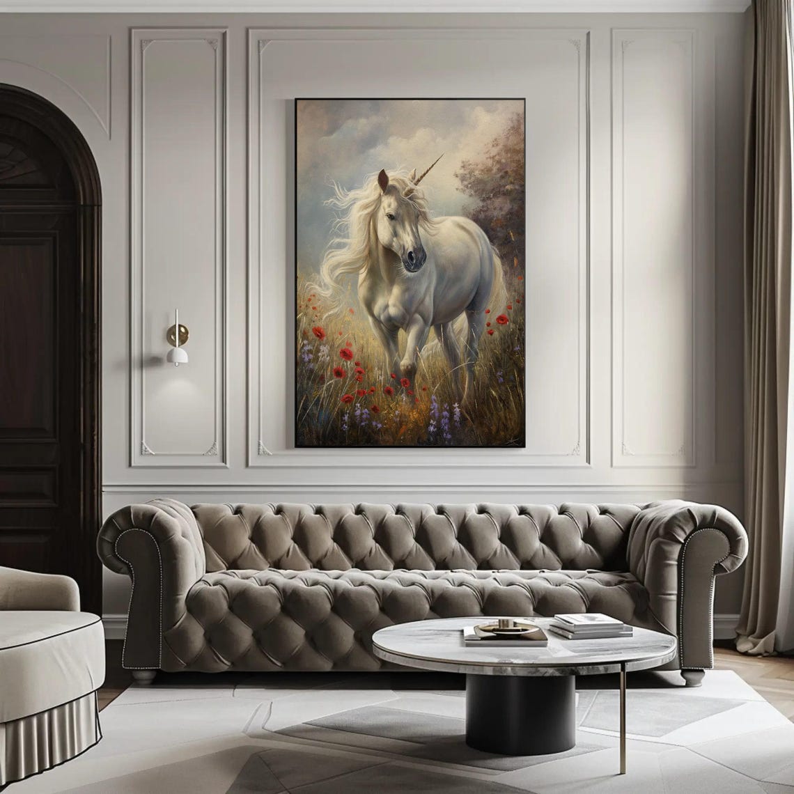 White Unicorn In Field Of Poppies And Violets Oil Painting Magical Unicorn Wall Art Fantasy Art Unicorn Painting Fantasy Painting Gift - Image 4