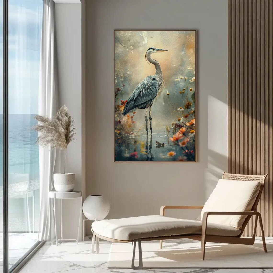 Great Blue Heron In Misty Wetland With Wildflowers Art Poster - Image 2
