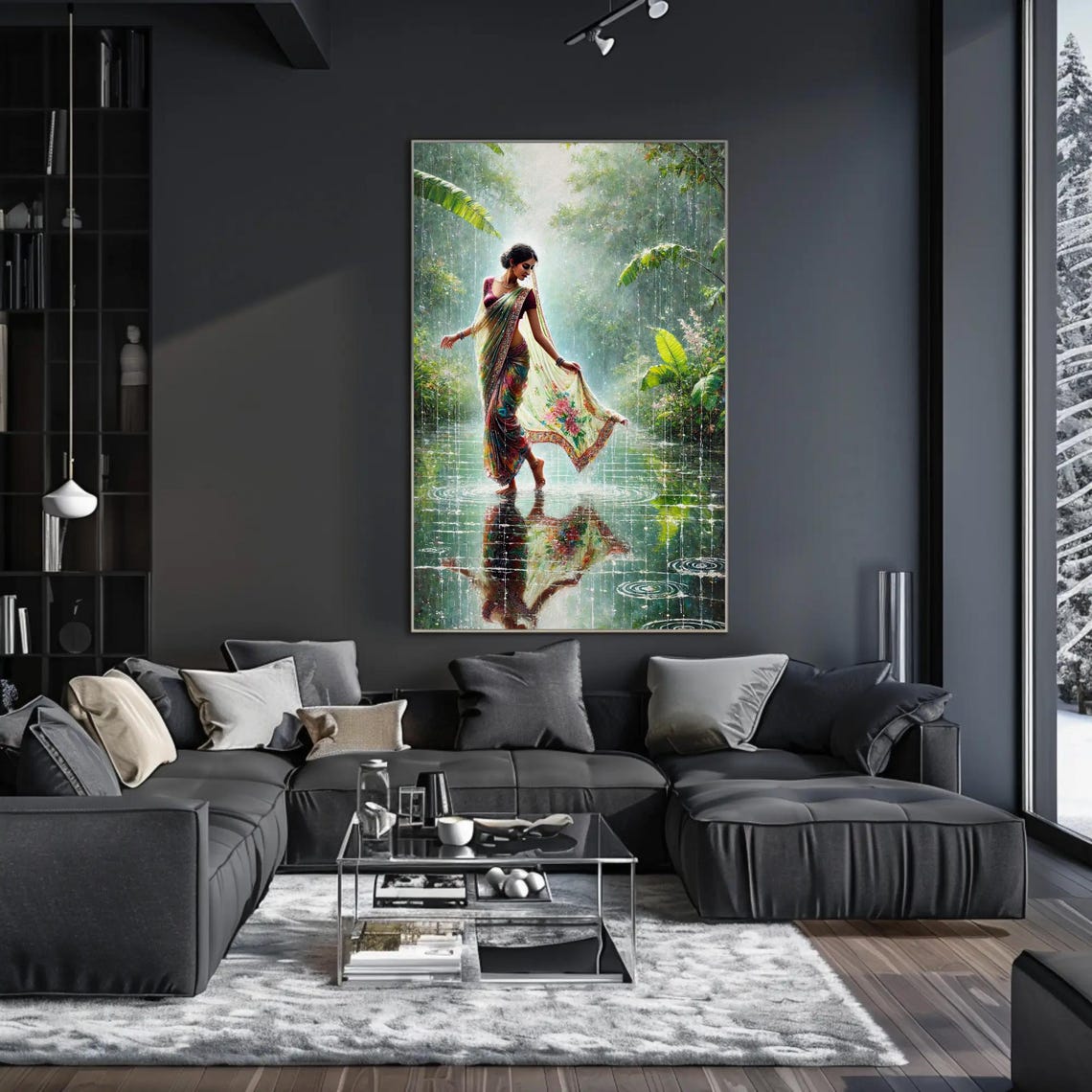 Monsoon Magic Indian Women In Rain Print Vibrant Traditional Oil Painting Cultural Indian Wall Art For Living Room Or Bedroom - Image 3